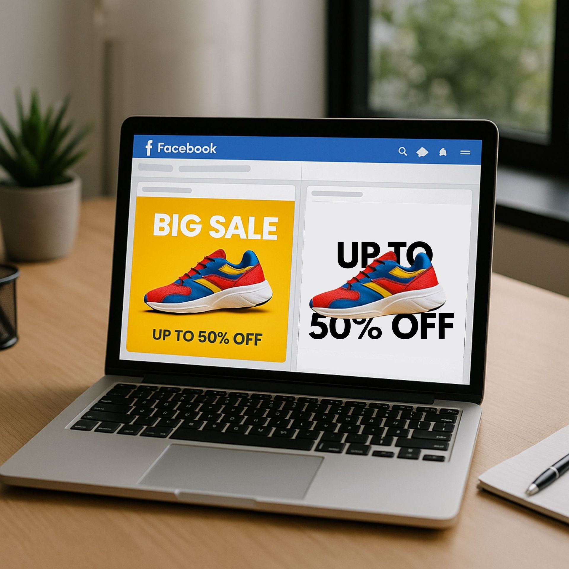 Laptop showing Facebook ad for sneakers, with