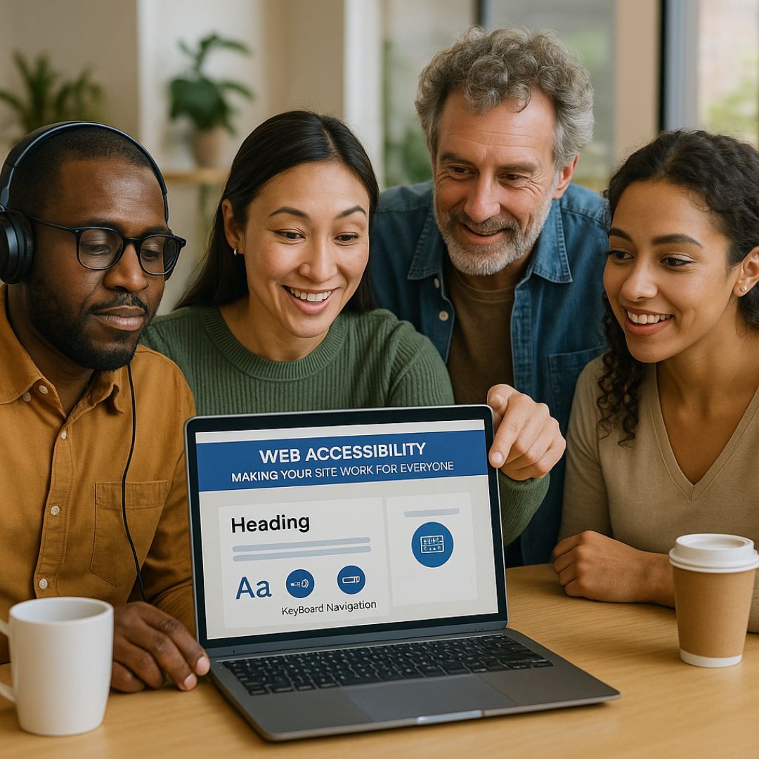 Four diverse people looking at a laptop screen with the words 