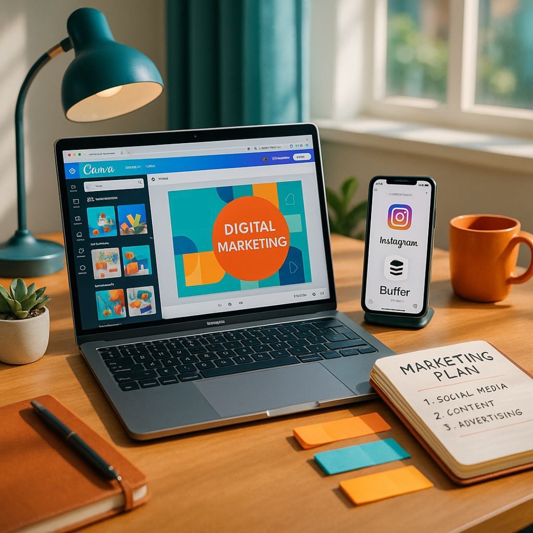 Laptop and smartphone on a desk with a marketing plan, lamp, and a mug, focused on digital marketing.