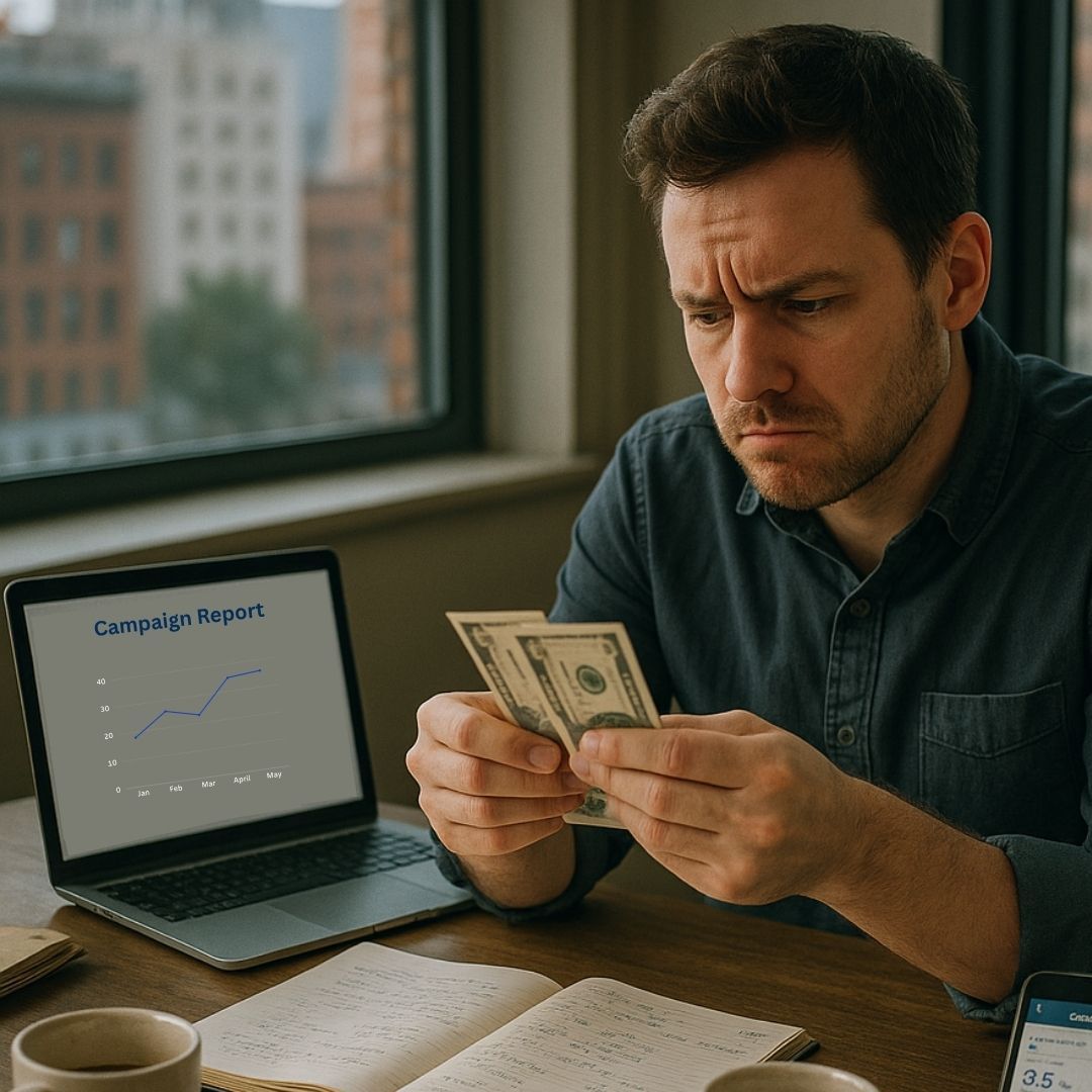 Man looking concerned, counting money, laptop showing