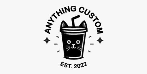 A black and white logo for anything custom with a cat drinking from a cup.
