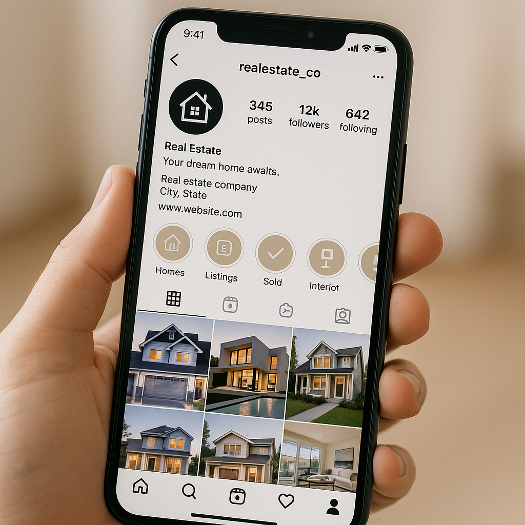 Hand holding a phone displaying a real estate Instagram profile with house photos.