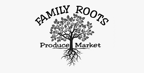 The logo for family roots produce market shows a tree with roots.