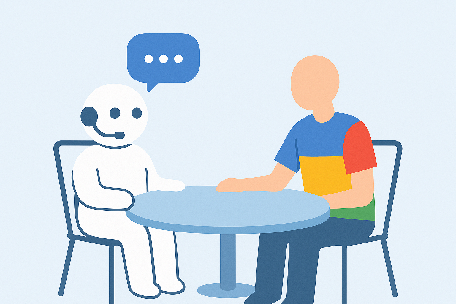 A man and a robot are sitting at a table talking to each other.