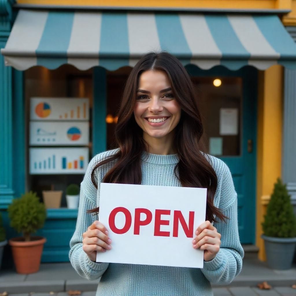 A woman is holding an open sign in front of a store.