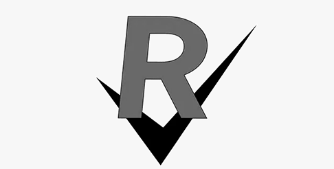 The letter r is surrounded by a check mark on a white background.