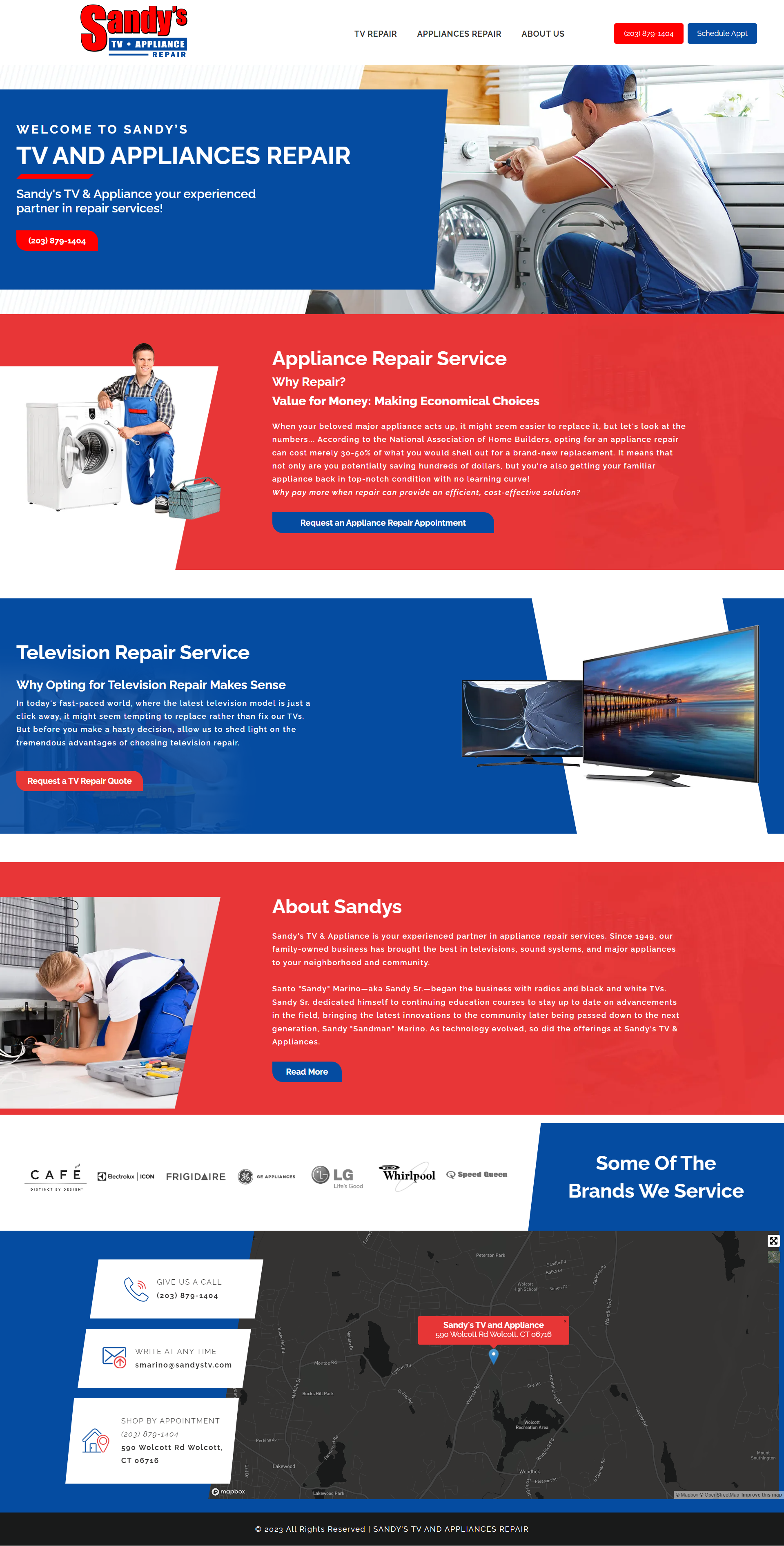 A man is working on a washing machine and a television on a website.