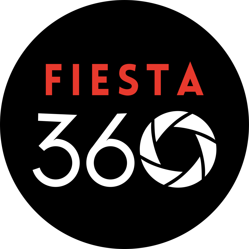 The logo for fiesta 360 is a black circle with a white camera shutter.