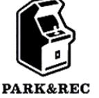 A black and white drawing of an arcade machine with the words park & rec below it.