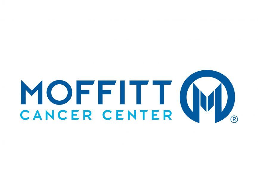 The moffitt cancer center logo is blue and white on a white background.