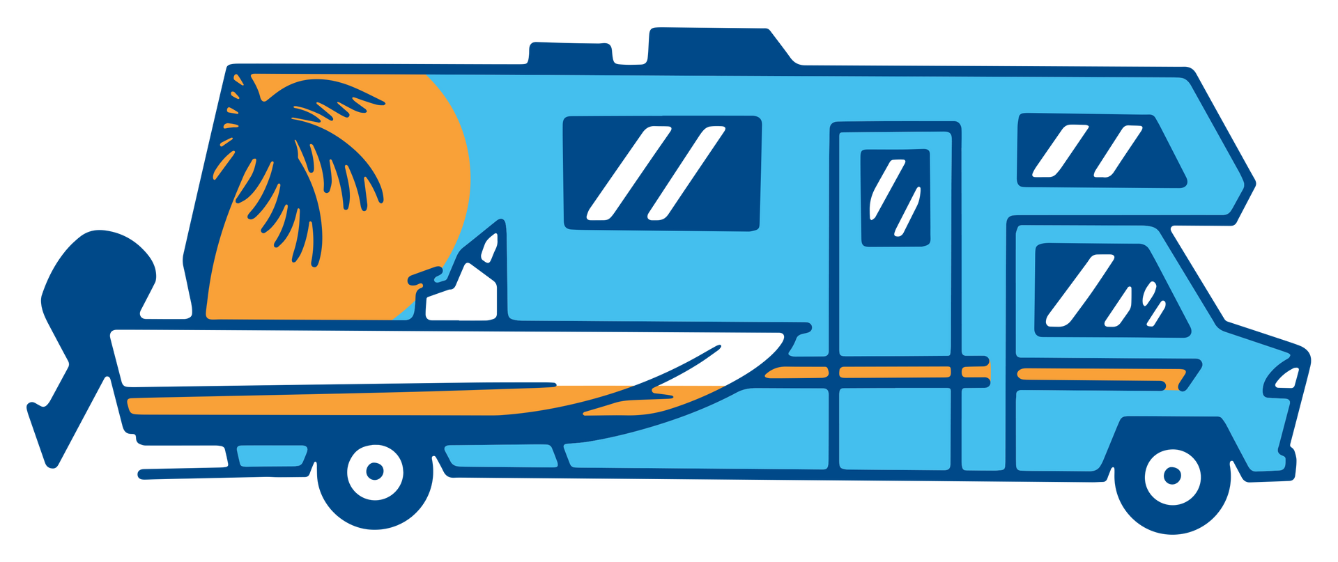 A blue rv with a boat and a palm tree on the side.