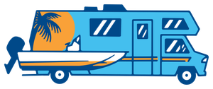 A blue rv with a boat and a palm tree on the side.