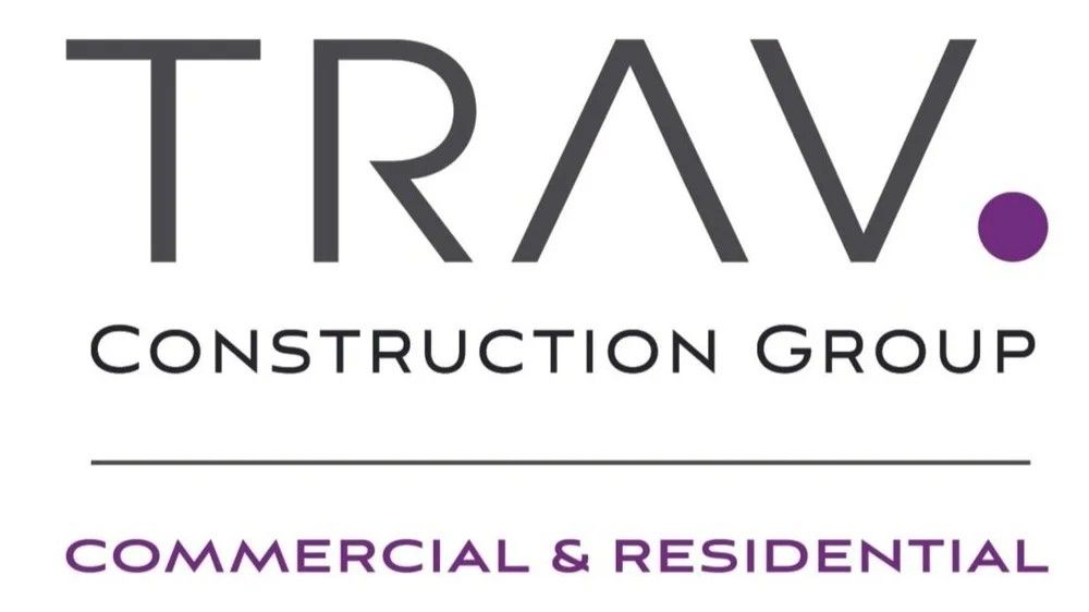 Logo for Trav Construction Group with the name in dark gray, a purple dot, and "Commercial & Residential" below.