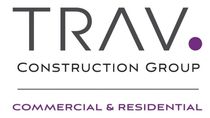 Logo for Trav Construction Group with the name in dark gray, a purple dot, and "Commercial & Residential" below.