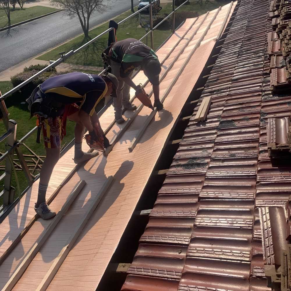A Group Of Men Are Working On A Wooden Roof — Lance Ward Roof Tiling in Orange, NSW
