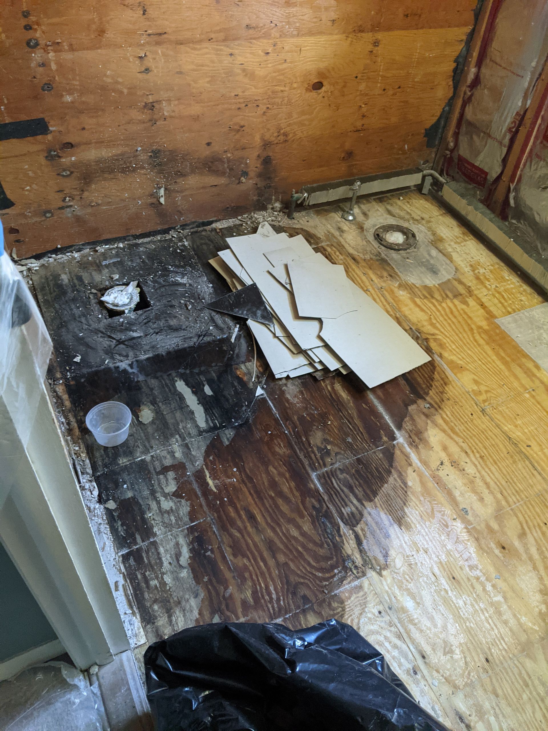 A room with a wooden floor and a black bag on the floor.