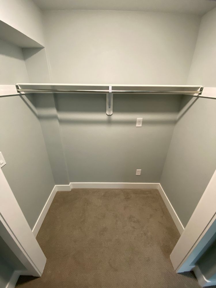 An empty walk in closet with a carpeted floor and shelves.