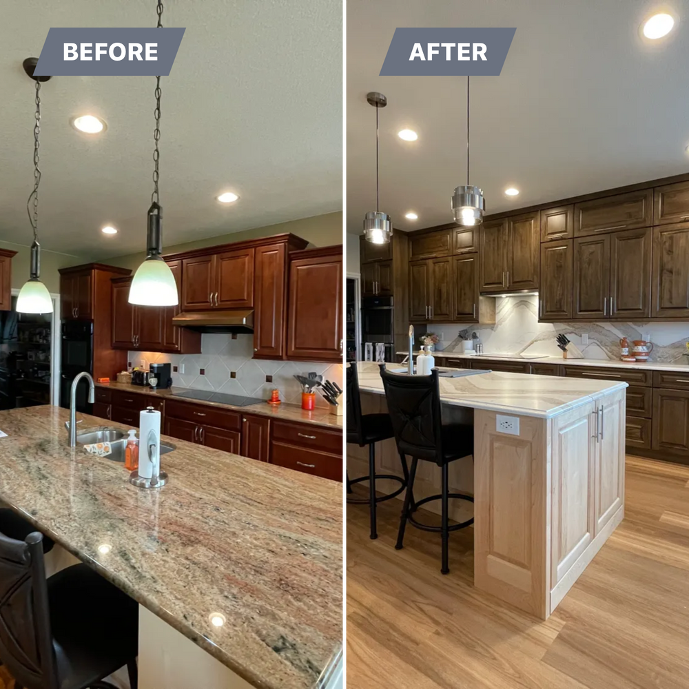 A before and after photo of a kitchen with granite counter tops