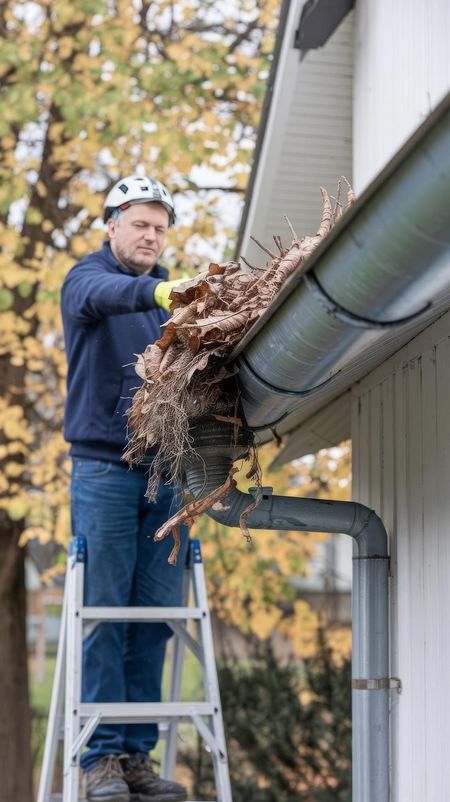 A man is standing on a ladder cleaning a gutter.