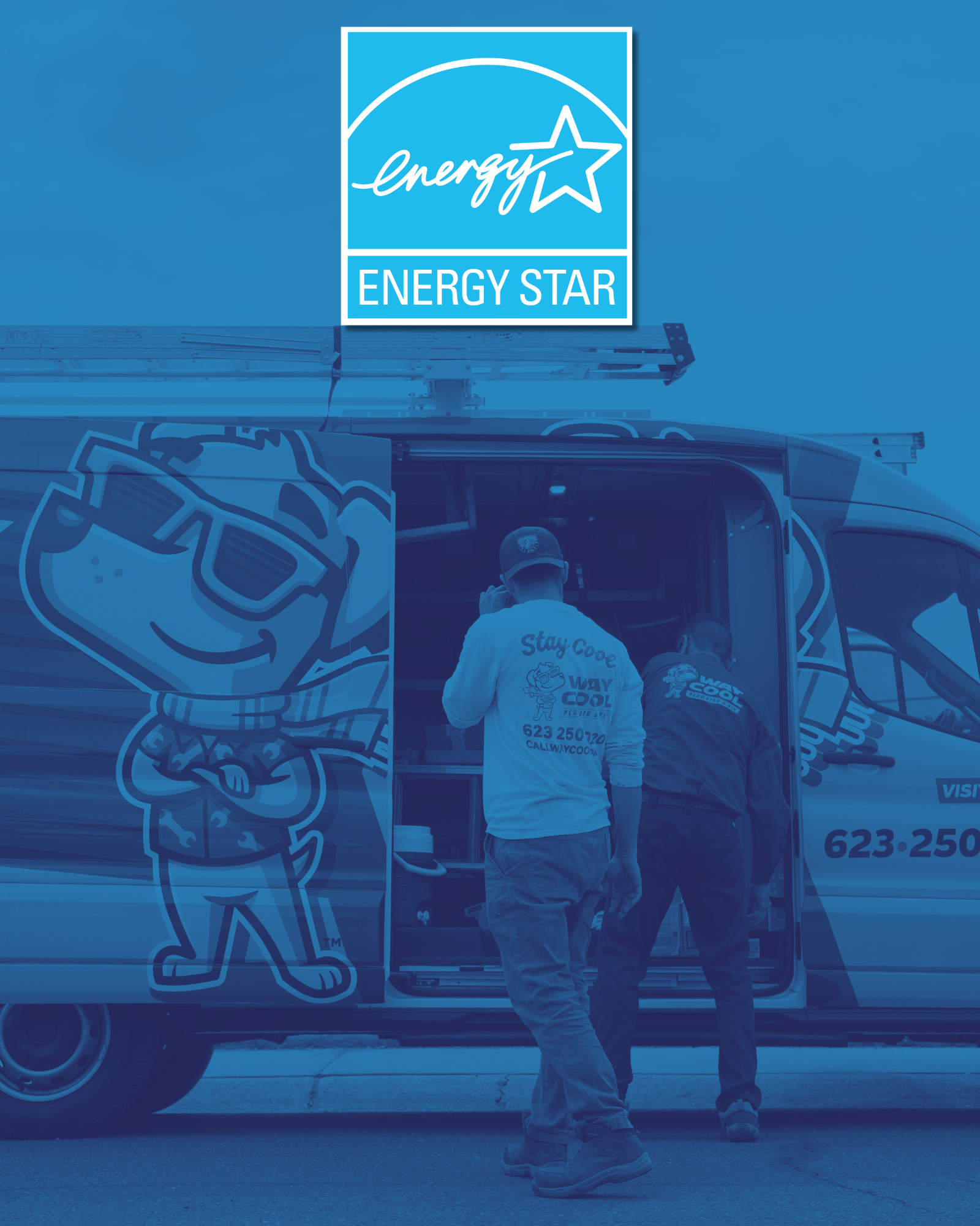 Two men are standing in front of an energy star van.