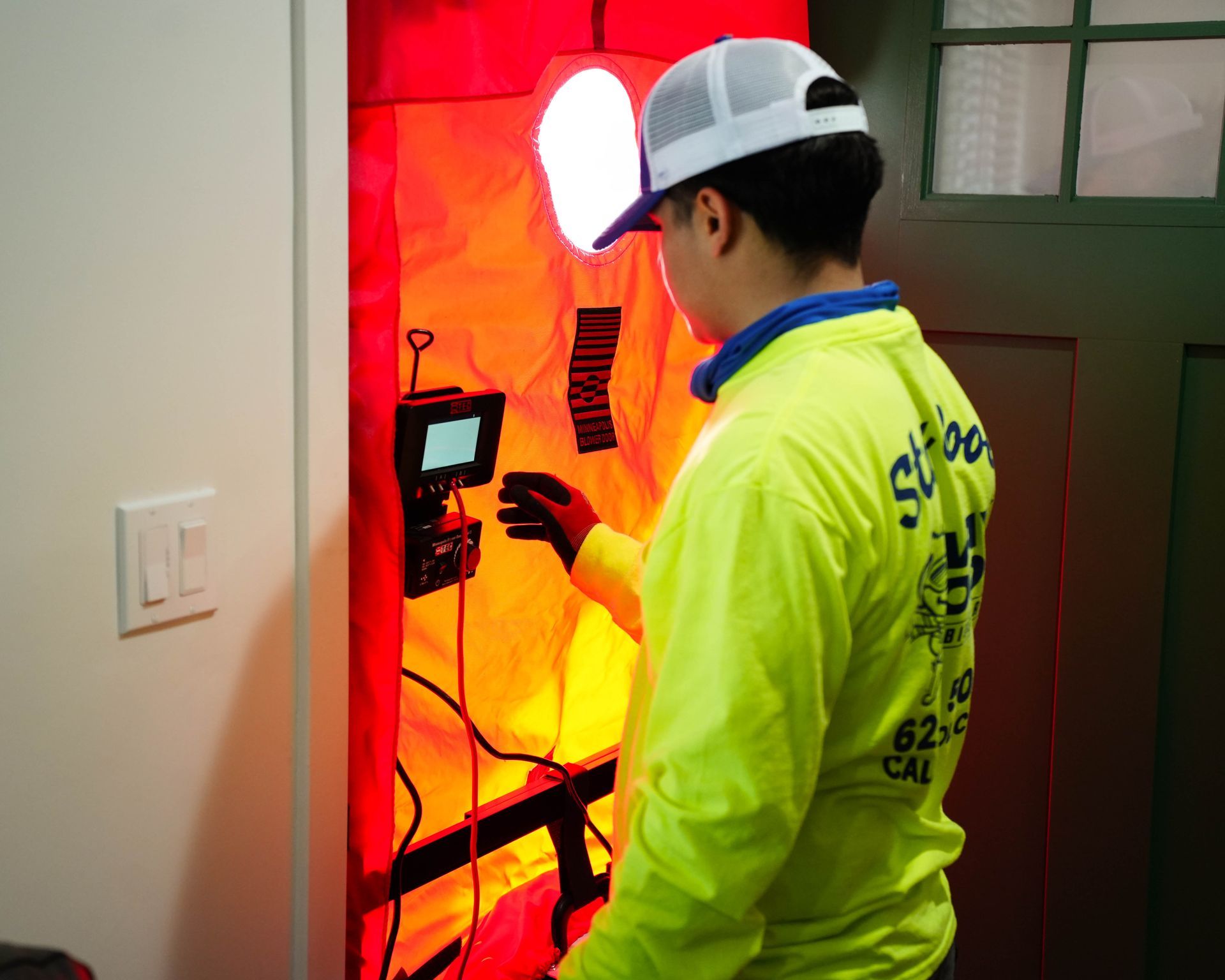 Professional blower door air leakage test conducted as part of comprehensive home performance evaluation.