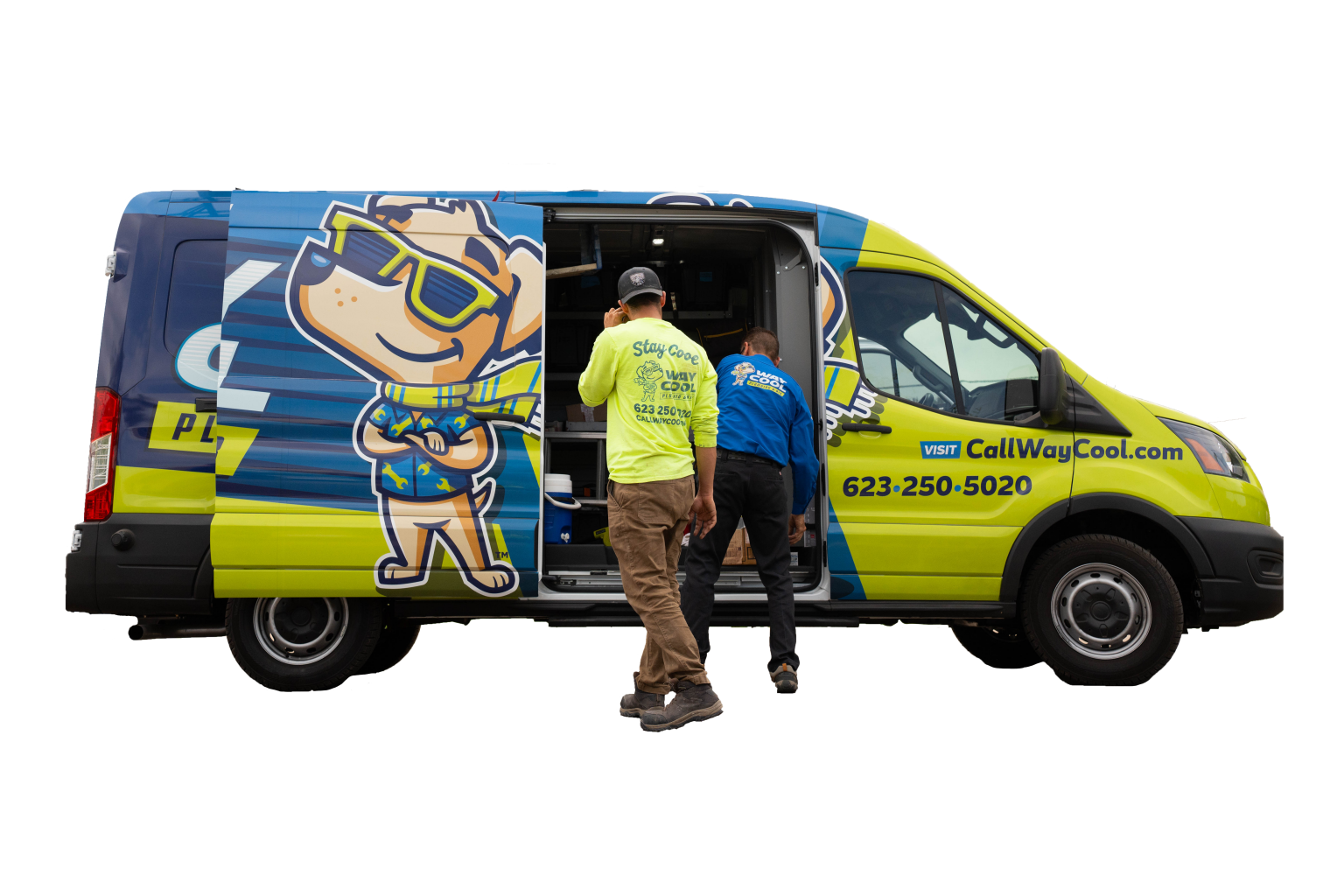 Two men are standing in front of a yellow and blue van.