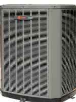 A gray air conditioner is sitting on a white surface.