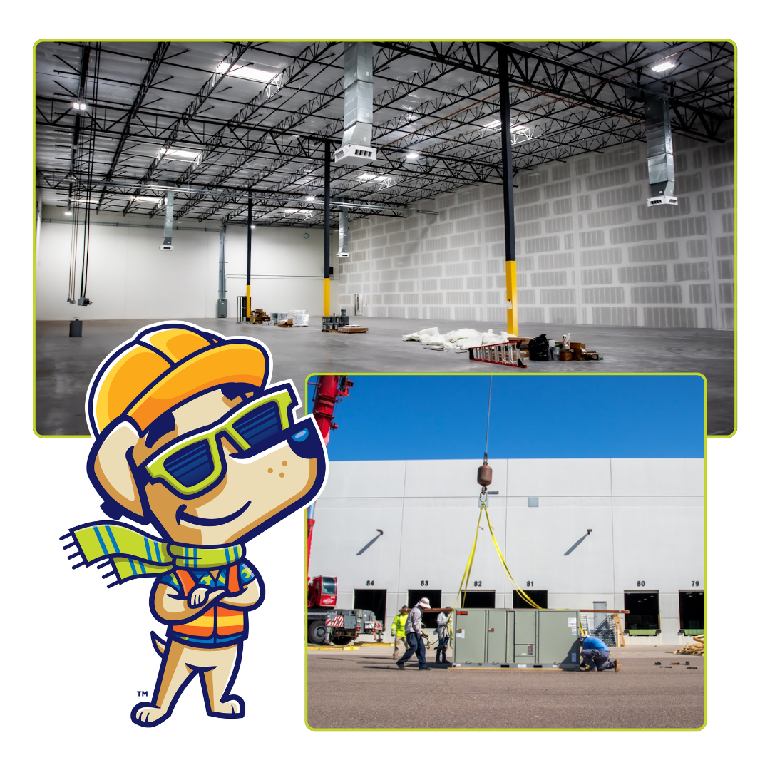 A cartoon dog wearing sunglasses is standing in front of a row of way cool vans.