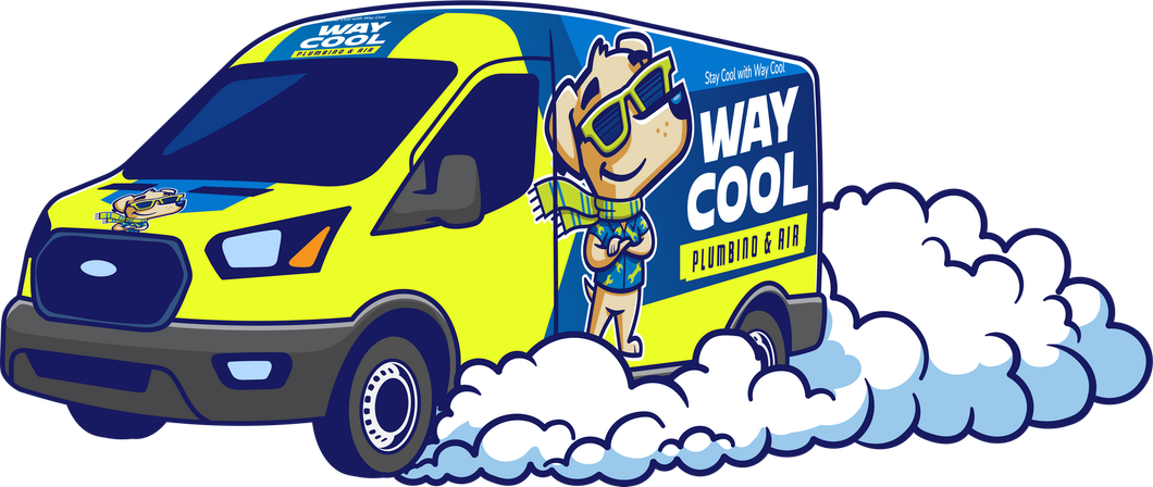 A cartoon illustration of a way cool van with smoke coming out of it.
