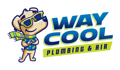 The logo for way cool plumbing and air has a dog wearing sunglasses and a scarf.