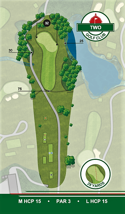 A map of a golf course with a lake in the background.