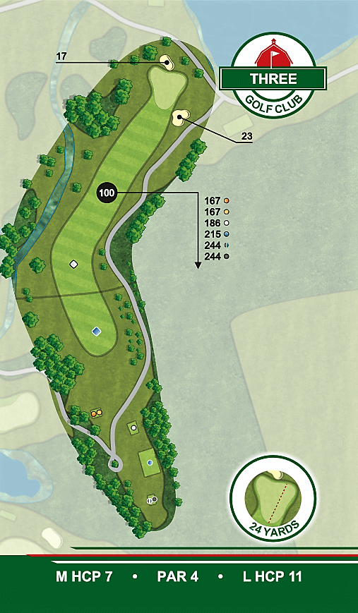 A map of a golf course with the number three on it.