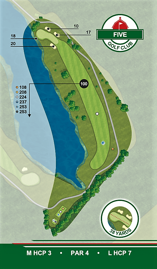 A map of a golf course with the number five on it