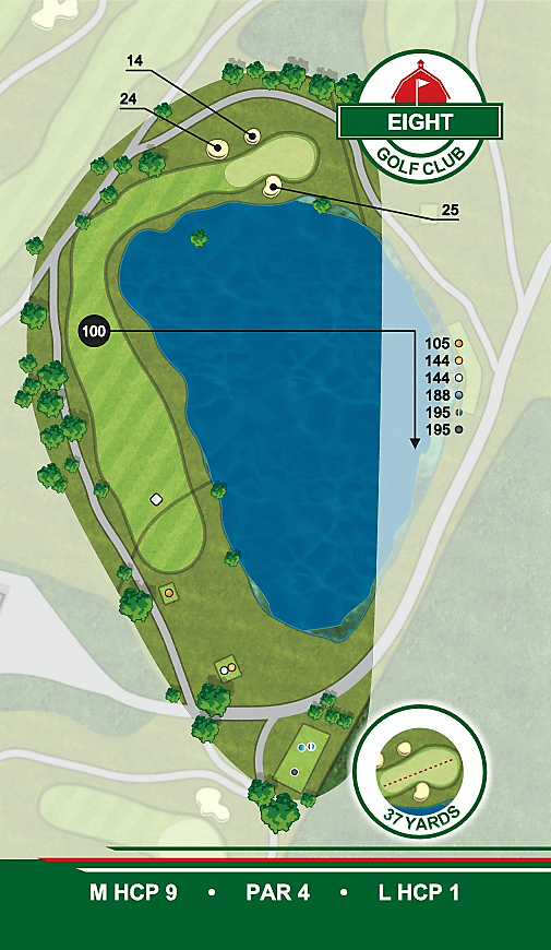 A map of a golf course with a lake in the middle.