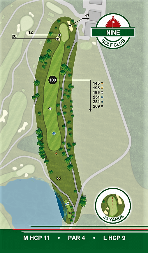 A map of a golf course with the number nine on it