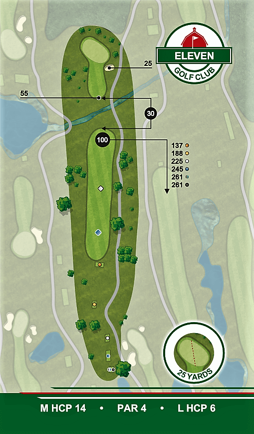 A map of a golf course with the words eleven on it