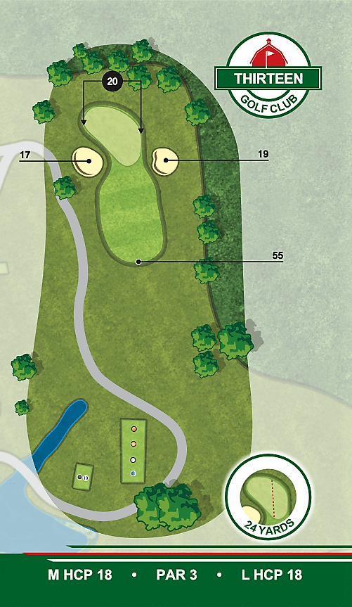 A map of a golf course with a thirteen golf club logo on it.