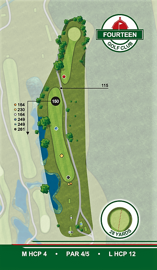 A map of a golf course with the number fourteen on it.