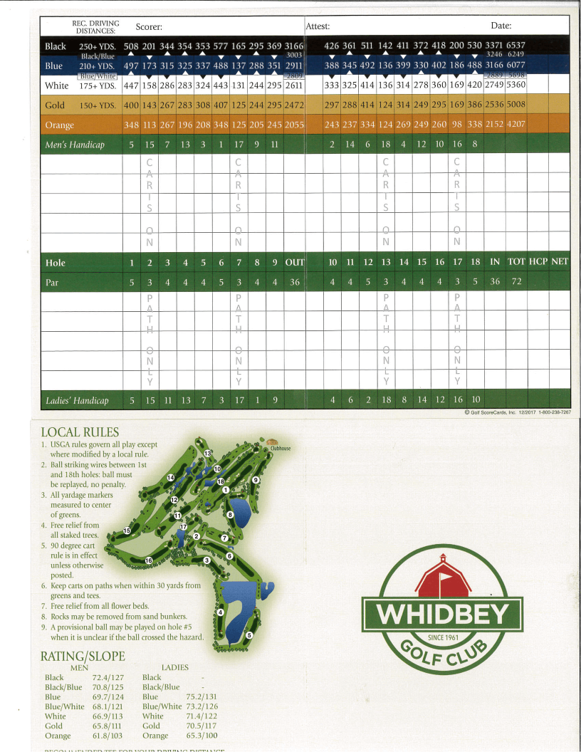 A scorecard for whidbey golf club with a map of the course