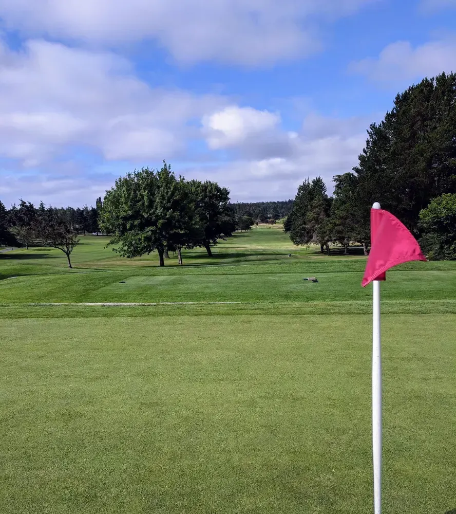 A golf course with a red flag on the green