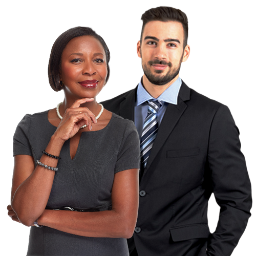 Businesswoman with hand on chin, smiling; businessman in suit, smiling.