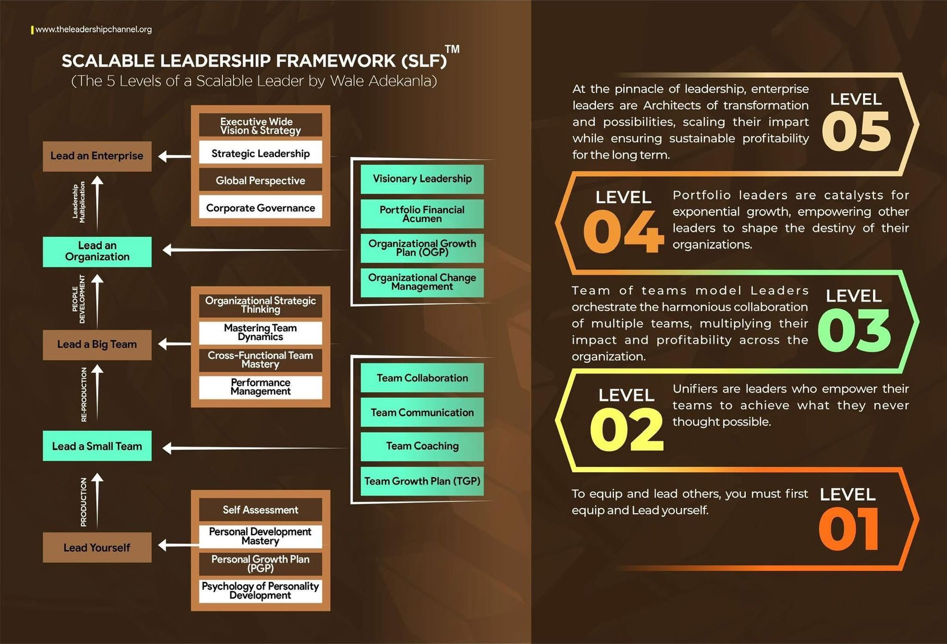 Scalable Leadership Framework diagram with levels 1-5; brown, teal, and white color scheme; overview of leadership stages.
