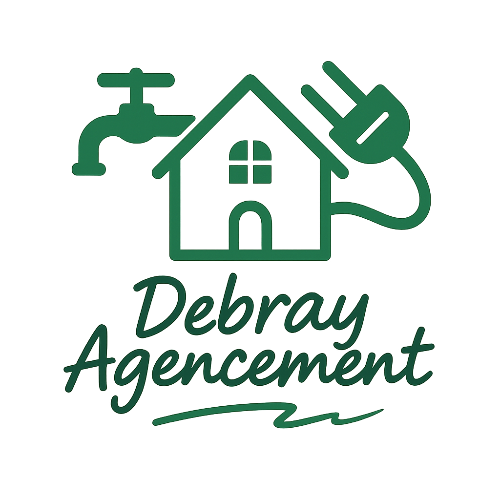 Logo vert : maison avec robinet et bonde, texte Debray Agencement.