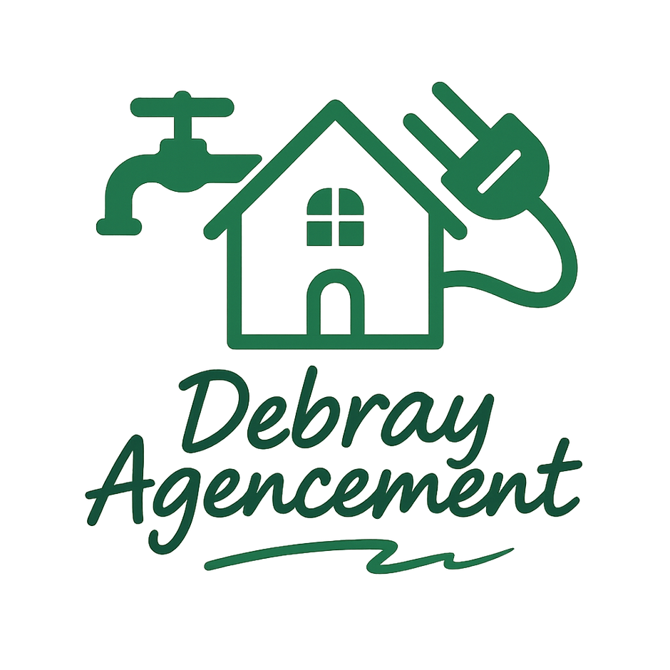 Logo vert : maison avec robinet et bonde, texte Debray Agencement.