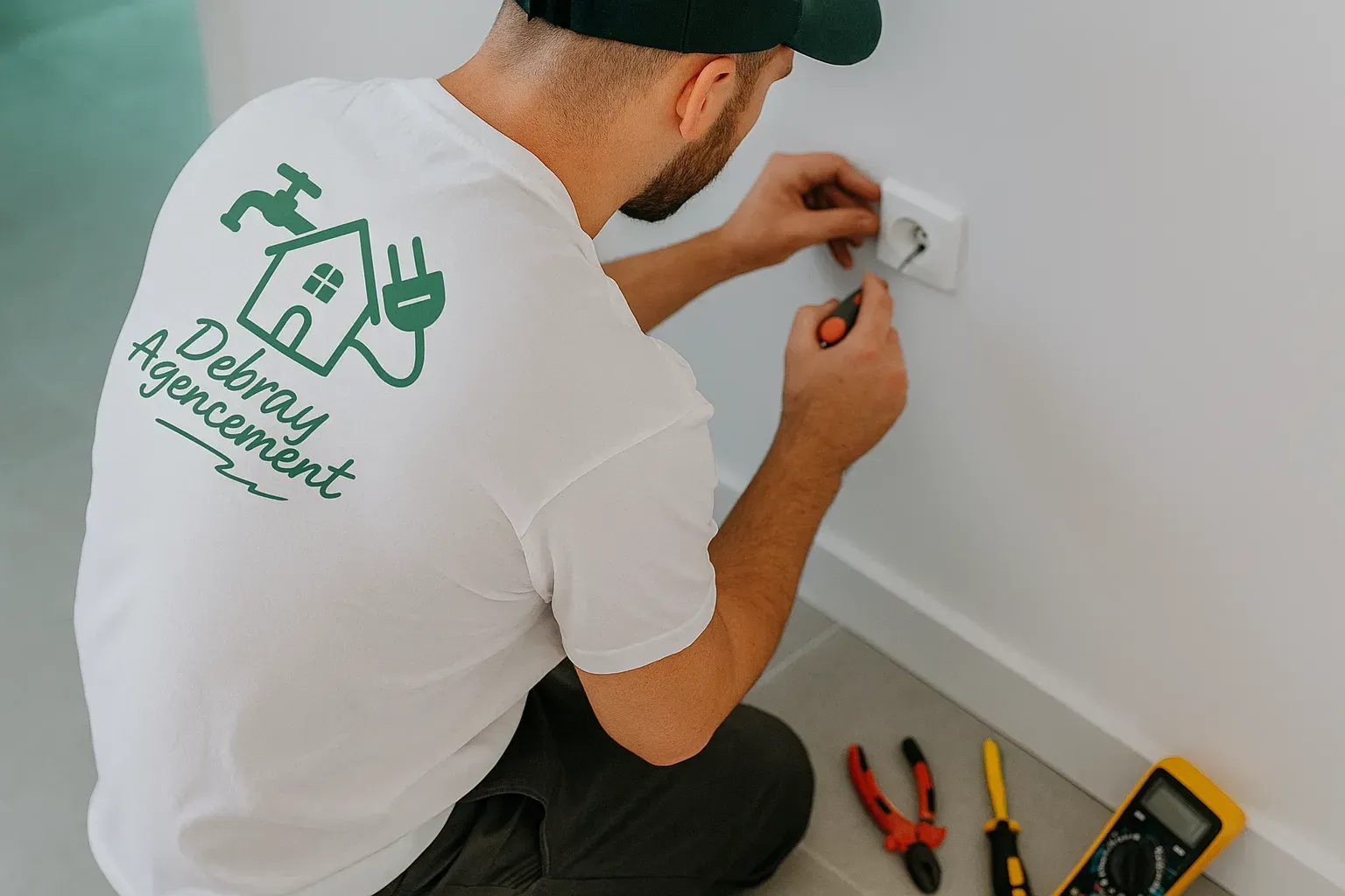 Électricien installant une prise ; chemise blanche, logo vert, outils sur le sol, à l'intérieur.