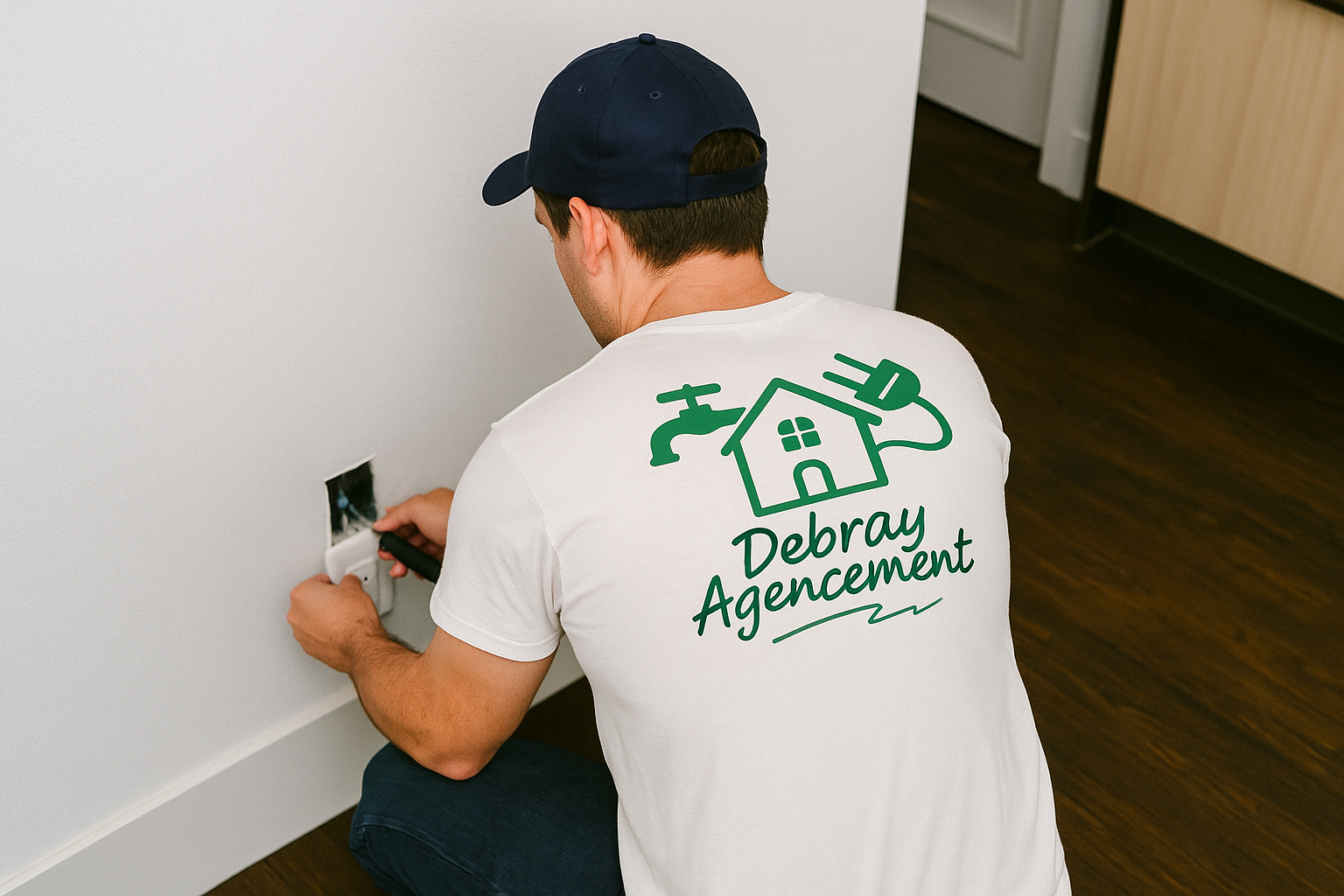 Homme en chemise blanche et casquette travaillant sur une prise électrique. Logo sur la chemise : Debray Agencement.
