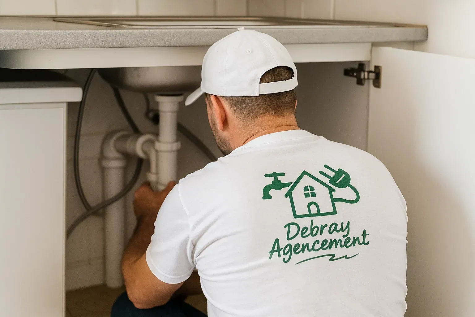 Un plombier en chemise blanche et casquette travaille sous un évier. Le logo sur la chemise indique « Debray Agencement ».