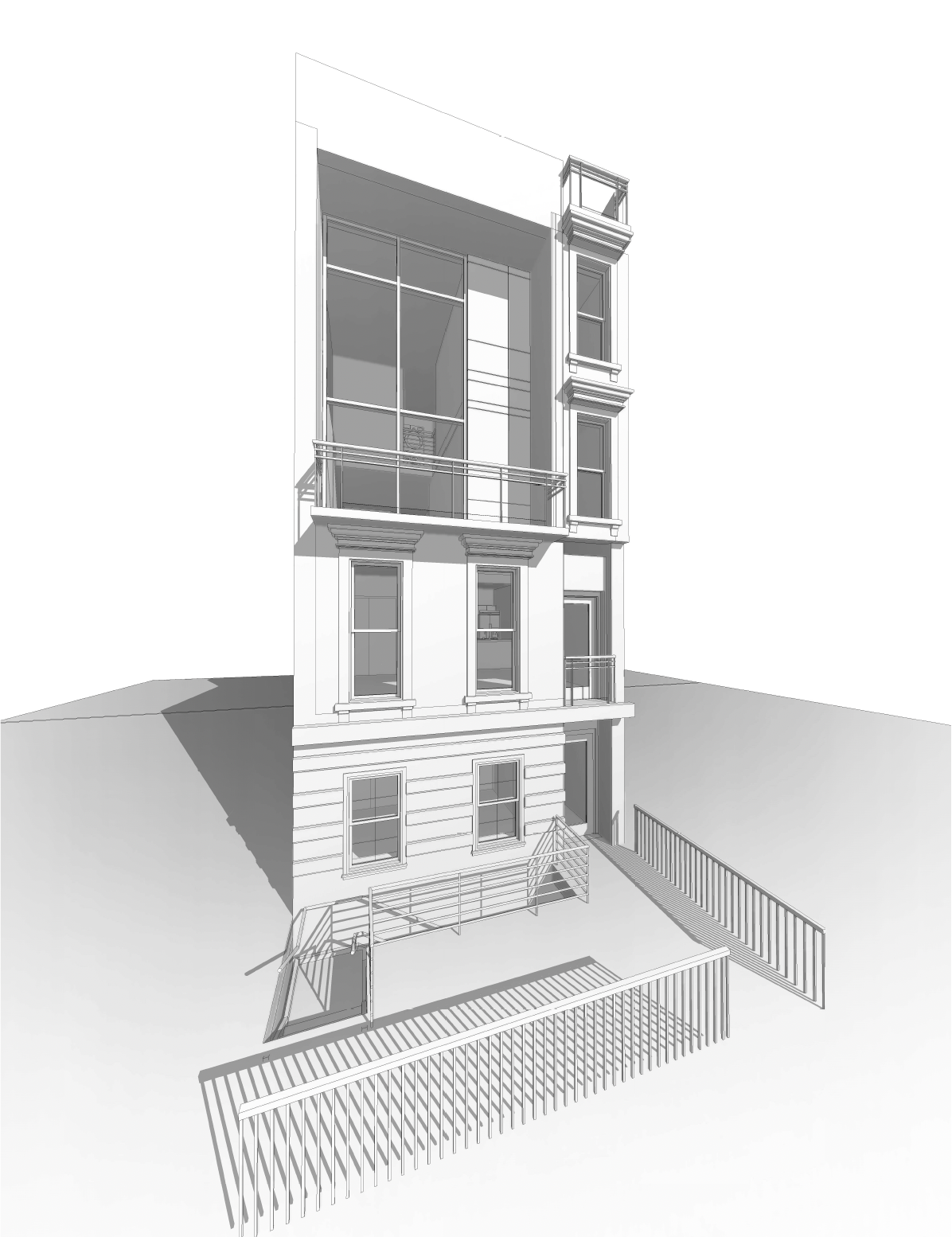 a black and white drawing of a building with a lot of windows .