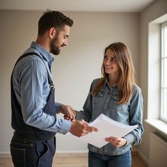 A man in a blue shirt and overalls shakes hands with a smiling woman in a denim jacket while they look at papers.