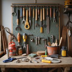 A cluttered workshop bench with tools on a pegboard and table covered in materials.